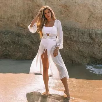 2021 сексуальное длинное белое кружевное кимоно с поясом и поясом, женская одежда больших размеров, пляжная одежда, купальный костюм, накидка Q1355 One size белый