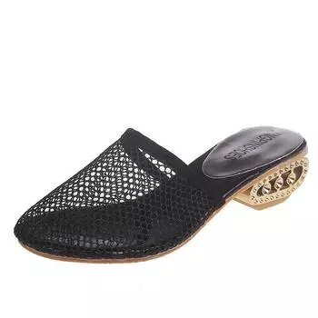 2021 summer new non-slip sandals square heel mesh hollow breathable slippers comfortable foreign trade large size women s shoes 35