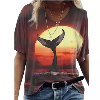 2021 Лето Новые женские топы футболка мода 3D природный пейзаж принт короткий рукав V-образный вырез футболка женские размеры свободные повседневные топы S