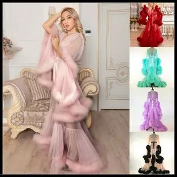 2021 Тюлевое плюшевое платье с сказочной перспективой, сексуальное платье с расклешенными рукавами и хвостом, свадебное платье, 2021 г. розовый