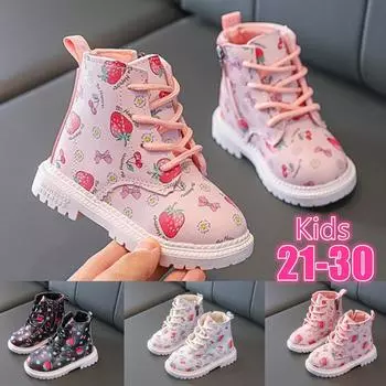 2021 уличные ботинки, кожаные ботинки на мягкой подошве, детские ботинки martin с боковой молнией, водонепроницаемые ботинки в британском стиле для девочек, милые клубничные короткие сапоги, детская обувь 21 чёрный