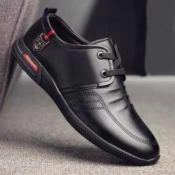 2021 универсальные повседневные кожаные туфли с круглым носком, мужская рабочая обувь, дышащая и водонепроницаемая мужская обувь с мягкой подошвой, черная внутренняя часть, увеличивающая рост 38 чёрный