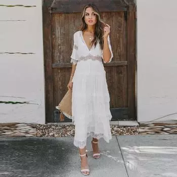 2021 Весна и лето Европейско-американское кружевное платье с глубоким V-образным вырезом и длинными рукавами M розовый