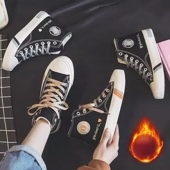 2021 Зима Новый Плюс Бархат Холст Обувь Женская Повседневная Обувь для Ходьбы Теплая обувь 35 чёрный