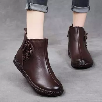 2021 зимние ботинки из натуральной кожи, женские теплые плюшевые модные удобные ботильоны на низком каблуке с цветочным принтом, мягкие женские ботильоны на плоской подошве, 2021 г. 35 чёрный