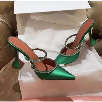 2022 атласные женские туфли-лодочки со стразами, элегантные женские туфли-лодочки на высоком каблуке с острым носком, Sildes, летняя модная обувь для вечеринок и выпускного вечера 34 чёрный