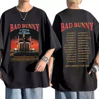 2022 Bad Bunny El Ulitimo Tour Del Mundo Tour Североамериканский тур Футболка с двусторонним принтом в стиле хип-хоп Уличная футболка большого размера