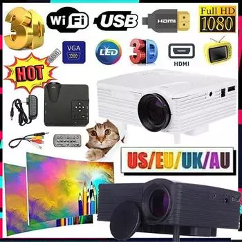 2022 Беспроводной проектор с поддержкой разрешения 1920*1080, проектор для домашнего офиса с кабелем HDMI VGA, пульт дистанционного управления UK белый