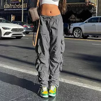 2022 Брюки-карго с несколькими карманами, женские джинсы Y2K с низкой талией, широкие свободные брюки, повседневная уличная одежда, джинсовые брюки, беговые брюки, сплошной цвет S чёрный