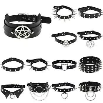 2022 черное ожерелье, винтажное очаровательное готическое ожерелье с заклепками и воротником, кожаная подвеска с пентаграммой в стиле Харадзюку, женское колье-колье в стиле панк