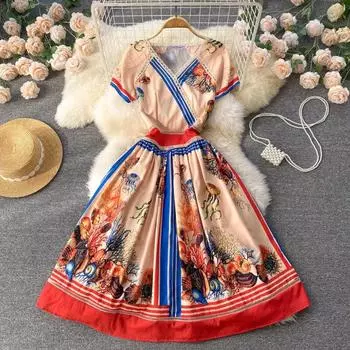 2022 Европейское летнее платье, новое облегающее модное платье с принтом и открытой строчкой, среднее и длинное модное платье, плиссированное платье