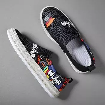 Мода 2022 Черные Летние Слипоны с Принтом Мужские Холщовые Туфли Дышащие Платформа Плоская Подошва Для Мужчин Комфортные Мужские Лоферы Повседневные 39