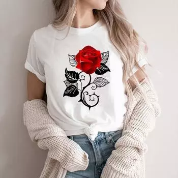 2022 хлопковая модная футболка с красной розой, женская футболка в стиле Харадзюку, удобная футболка с короткими рукавами, милые топы с графическим рисунком L