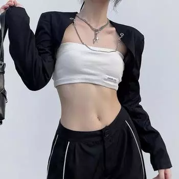 2022 корейский новый стиль, женская повседневная уличная одежда, модный тренд, топ с длинными рукавами и камзолом из двух предметов, осенняя новая женская тонкая футболка S чёрный