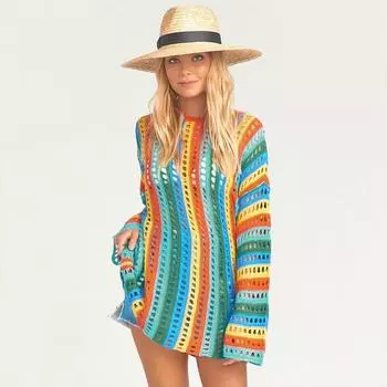 2022 Красочное вязаное бикини, сексуальное мини-платье с вырезом и длинным рукавом, повседневный свободный топ, летняя женская пляжная одежда, купальник, прикрытие Q1399 One Size разноцветный