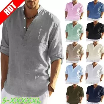 2022 Льняная футболка с длинным рукавом Свободная майка Однотонная хлопковая льняная рубашка с длинным рукавом S белый