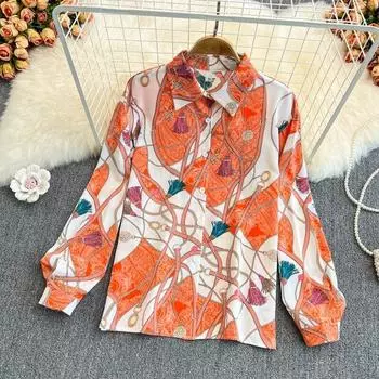 2022 Lente En Herfst Mode Losse Ontwerp Gevoel Decor Gedrukt Polo Kraag Рубашка Vrouwen Chic Top