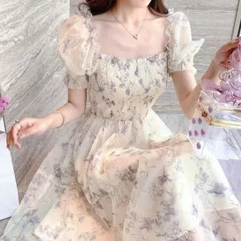 2022 летнее французское винтажное шифоновое платье с цветочным принтом и квадратным воротником, пышными рукавами, платье трапециевидной формы, корейское элегантное модное платье для женщин S белый