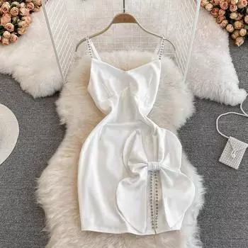 2022 летнее модное сексуальное платье трапециевидной формы без рукавов с высокой талией и v-образным вырезом для девочек с открытой спиной и бантом