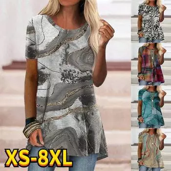 2022 Летние элегантные женские футболки с абстрактным принтом и рисунком, футболки с круглым вырезом, женские топы нового дизайна S