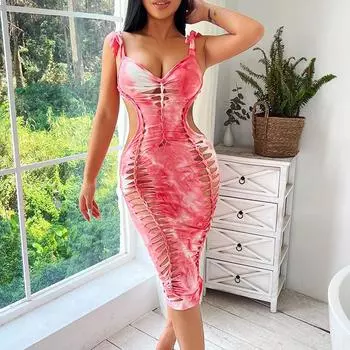 2022 летние наряды Tie Dye, сексуальный новый ажурный топ, сексуальное клубное вечерние модное тонкое платье без рукавов на одно плечо с длинным рукавом S розовый