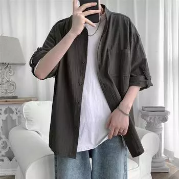 2022 летние новые повседневные мужские рубашки из хлопка, однотонные рубашки три четверти для мужчин M чёрный