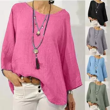 2022 летние новые женские свободные хлопковые льняные повседневные топы с круглым вырезом S чёрный