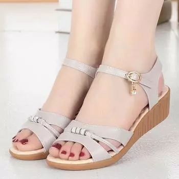 2022 летние сандалии, женские классические повседневные сандалии из натуральной кожи на плоском каблуке, пляжные сандалии с открытым носком, женская летняя обувь на танкетке 35 бежевый