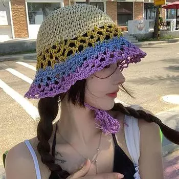 2022 летние соломенные шляпы с цветным ремешком для женщин, корейские дышащие ажурные тканые рыболовные кепки, пляжная шляпа Gorros Para Nia 56-58cm зелёный