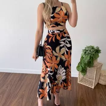 2022 Летний женский повседневный костюм Модный принт кружевной жилет юбка комплект из двух предметов S