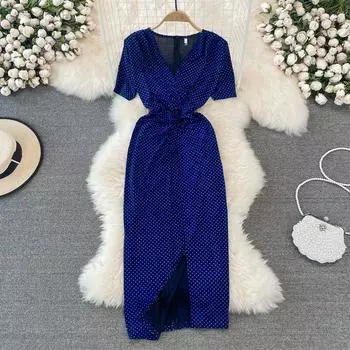 2022 летняя мода знаменитостей, темперамент, высокая талия, v-образный вырез, тонкое элегантное платье с разрезом на бедрах, волнистое платье с коротким рукавом