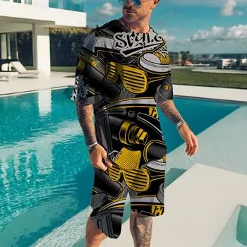 2022 Летняя мужская футболка, мужской повседневный костюм, абстрактный стиль, 3D-печать, мужская футболка, шорты с коротким рукавом, комплект из 2 предметов, мужская одежда S