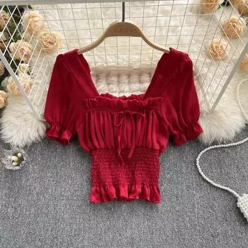 2022 летняя новая корейская модная темпераментная рубашка с тонкой талией и квадратным вырезом с объемными рукавами, короткий топ в иностранном стиле