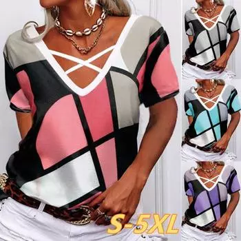2022 летняя новая модная женская повседневная футболка с коротким рукавом и v-образным вырезом, свободная тонкая легкая футболка с принтом больших размеров, S-5XL