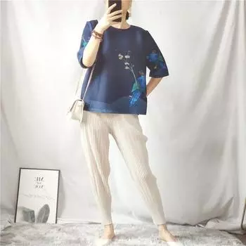 2022 летняя новая плиссированная свободная повседневная футболка в китайском стиле, дворец, ретро, модная куртка с цветочным принтом и птицами, женская футболка M синий