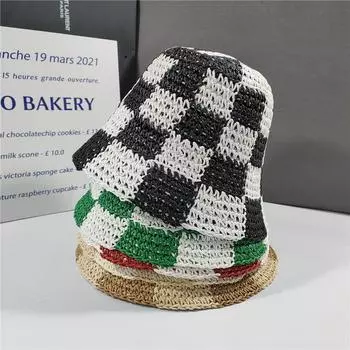 2022 летняя складная соломенная шляпа с шахматным узором из соломы, панама для женщин, унисекс, пляжная шляпа для отдыха 56-58cm чёрный