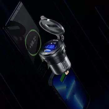 2022 Металлическое двойное 45 Вт USB C Type C PD быстрое автомобильное зарядное устройство 12 В/24 В с дисплеем напряжения/мощности для внедорожника, мотоцикла, грузовика, лодки, автобуса, автофургона, квадроцикла зеленый свет