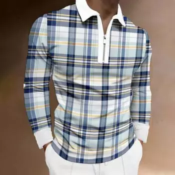 Модная повседневная мужская рубашка-поло с длинным рукавом и принтом на молнии S синий