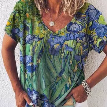 2022 модная женская новая летняя рубашка с v-образным вырезом и короткими рукавами с цветочным принтом и котом, футболка с 3D принтом, верхний размер, повседневная свободная уличная одежда 2XL