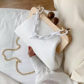 2022 модная женская сумка с деревянным дизайном и цепочкой через плечо, летняя пляжная сумка из ракушки и камня с узором из искусственной кожи, маленькая сумка через плечо, кошелек белый