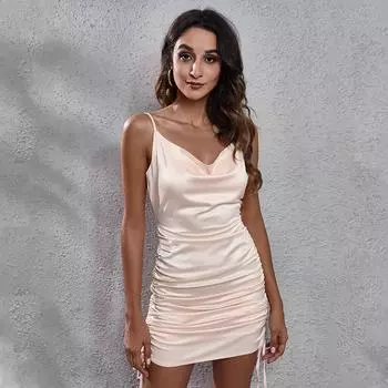 2022 модное элегантное летнее облегающее платье с открытой спиной и принтом, женский атласный сарафан со сборками, женский уличный костюм, сексуальные клубные наряды XS чёрный