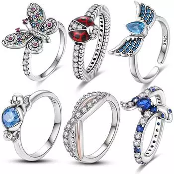 2022 модное кольцо на палец из настоящего серебра 925 пробы, кольца с искрящимся цирконием, бабочки, божьи коровки, крылья ангела, популярные женские кольца 7