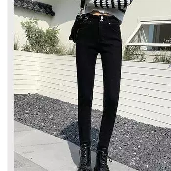 2022 модные осенне-зимние брюки в стиле Харадзюку с высокой талией, женские брюки, бархатные толстые теплые джинсы, элегантные женские S