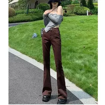 2022 модные женские расклешенные джинсы, свободные удобные джинсовые брюки, прямые эластичные брюки с высокой талией, городские женские брюки-клеш XS чёрный