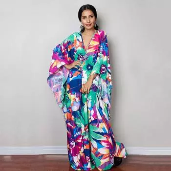 2022 накидки с принтом, сексуальное летнее пляжное платье с глубоким v-образным вырезом, туника, кафтан, женская пляжная одежда, купальник, халат De Plage Q1289 One Size разноцветный