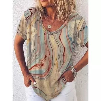 2022 Новая летняя женская футболка с 3D-принтом и рисунком, повседневная свободная футболка с цветным принтом и V-образным вырезом, базовая футболка, пуловер, женская одежда S