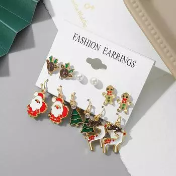 2022 Новая мода Рождественские серьги-гвоздики комплект из 6 предметов Рождественские серьги-гвоздики в виде лося с подвеской для девочек Элегантная рождественская елка комплект сережек-гвоздиков с Санта-Клаусом красный