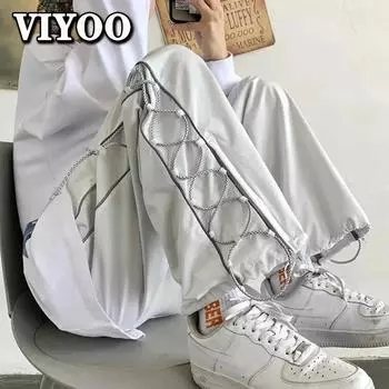 2022 новейшие мужские модные брюки белые черные тонкие летние брюки-карго на шнурке женские свободные брюки в стиле хип-хоп повседневные брюки для мужчин S чёрный