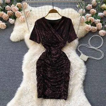 2022 Новое корейское плиссированное платье с v-образным вырезом и пайетками, тонкое сексуальное платье в стиле ретро, женская сумка, платье длиной до колена
