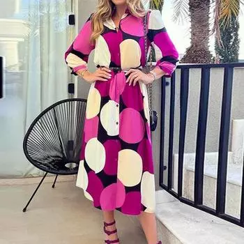 2022 Новое модное платье-рубашка с цветным принтом и лацканами, рукавом три четверти и высокой талией S